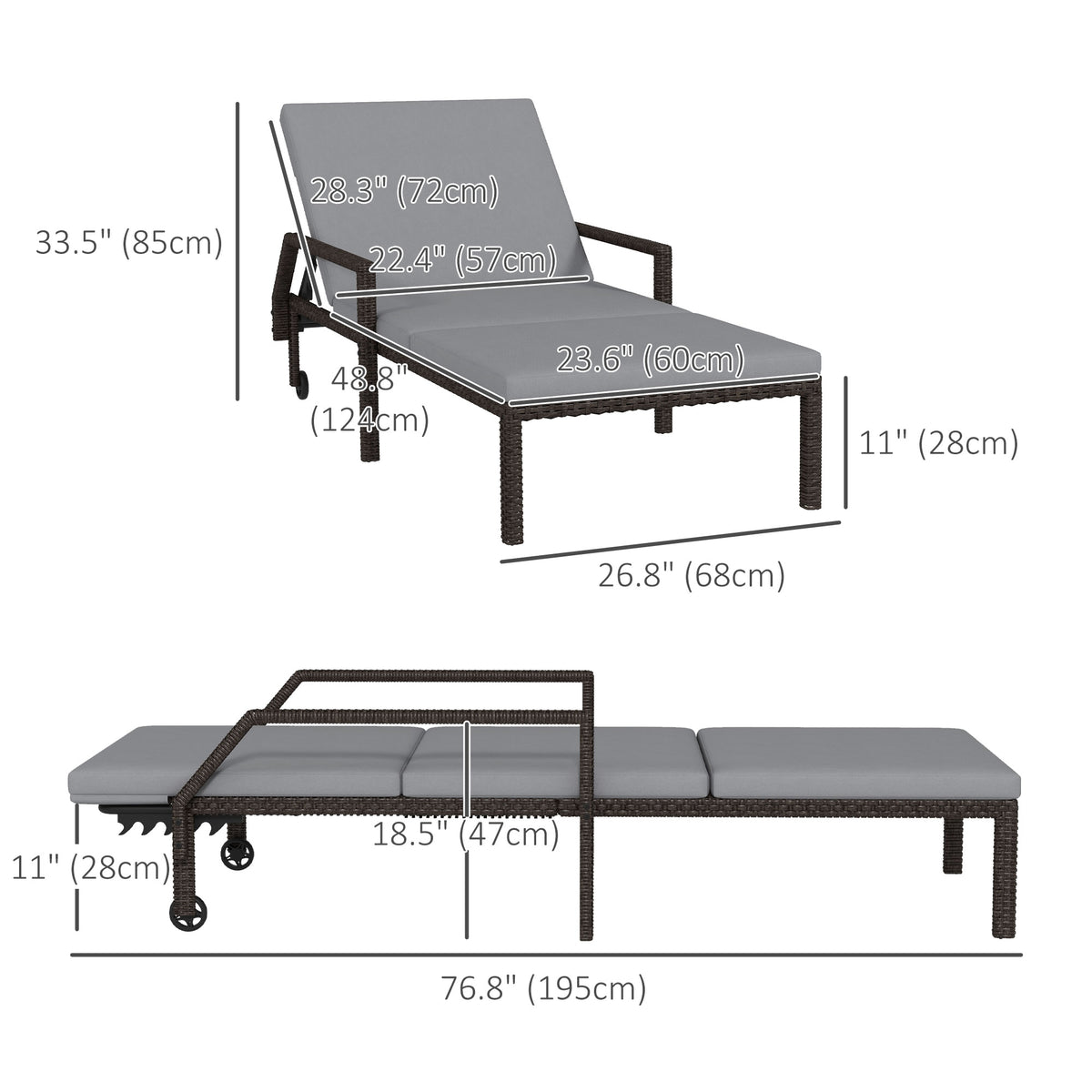 2-Piece Wicker Lounger Set Grey with Adjustable Backrest, 5 Levels-Outdoor Chaise Lounges-DECOROLALA