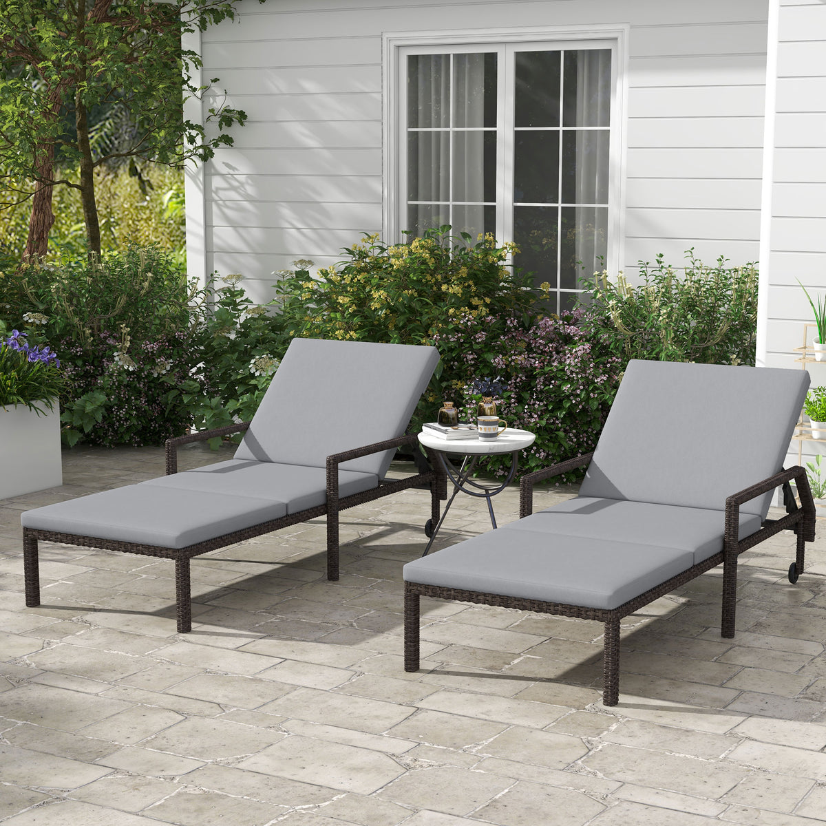 2-Piece Wicker Lounger Set Grey with Adjustable Backrest, 5 Levels-Outdoor Chaise Lounges-DECOROLALA