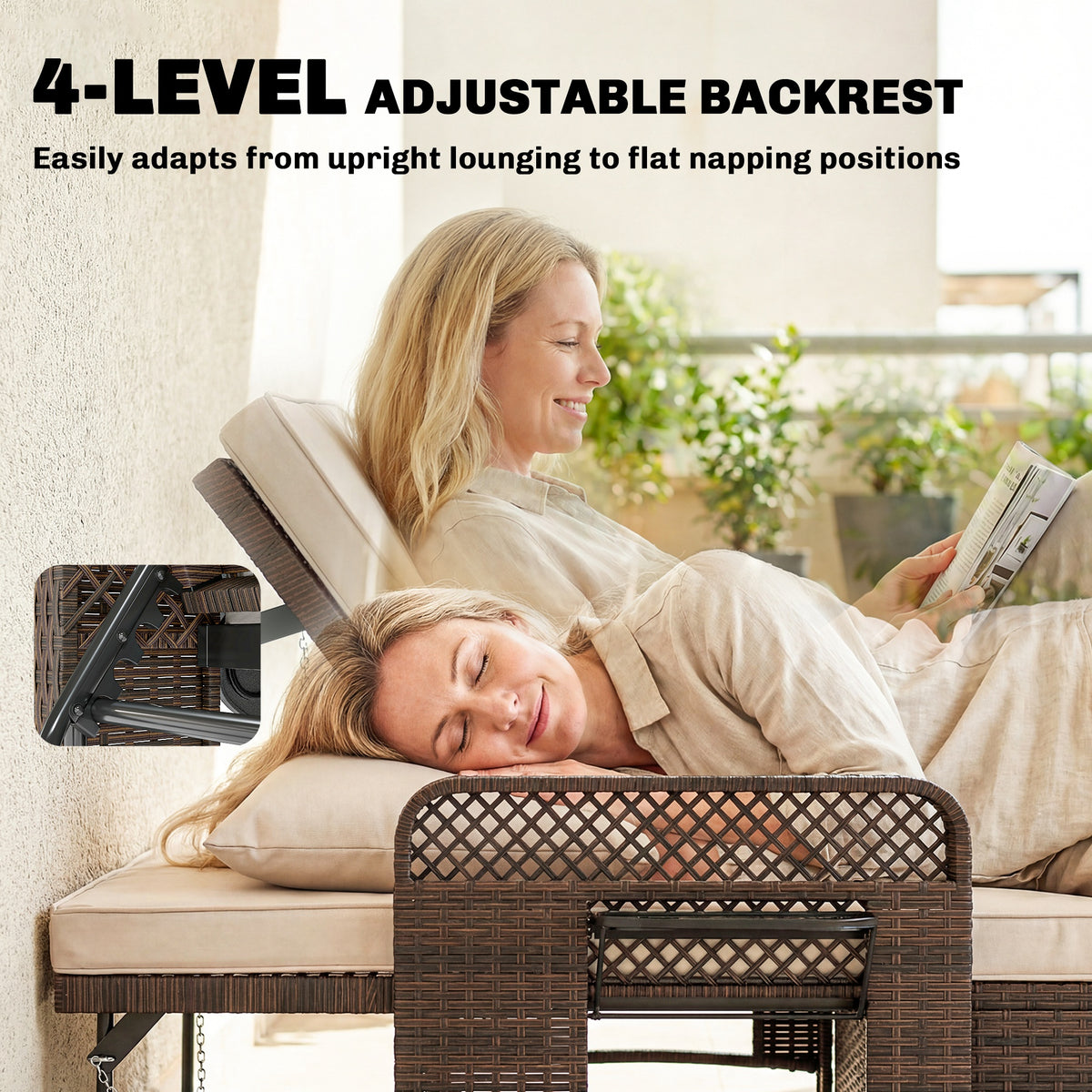 2-Piece Wicker Patio Lounge Set with Side Trays-Outdoor Chaise Lounges-DECOROLALA