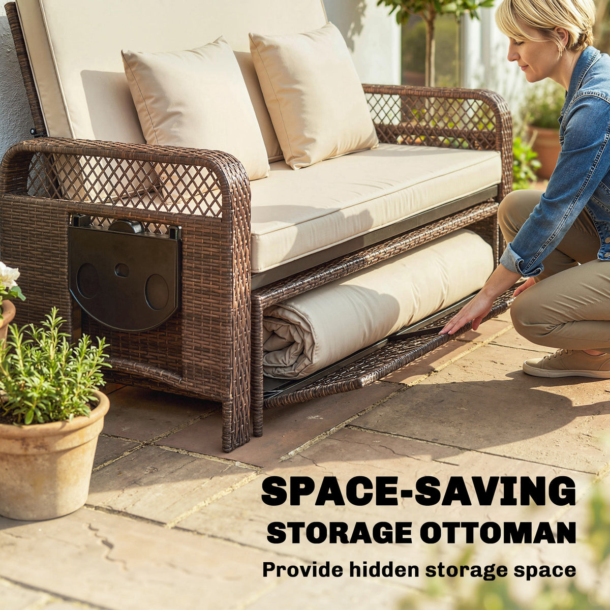 2-Piece Wicker Patio Lounge Set with Side Trays-Outdoor Chaise Lounges-DECOROLALA