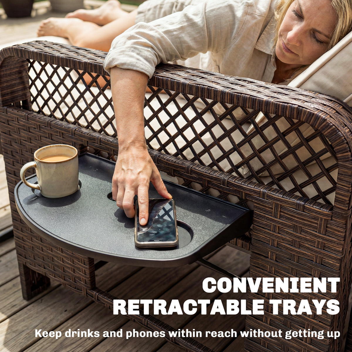 2-Piece Wicker Patio Lounge Set with Side Trays-Outdoor Chaise Lounges-DECOROLALA