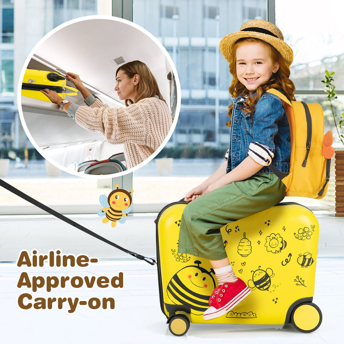 2 Pieces 18 Inch Ride-on Kids Luggage Set with Spinner Wheels and Bee Pattern-Yellow-Kids Suitcases-DECOROLALA