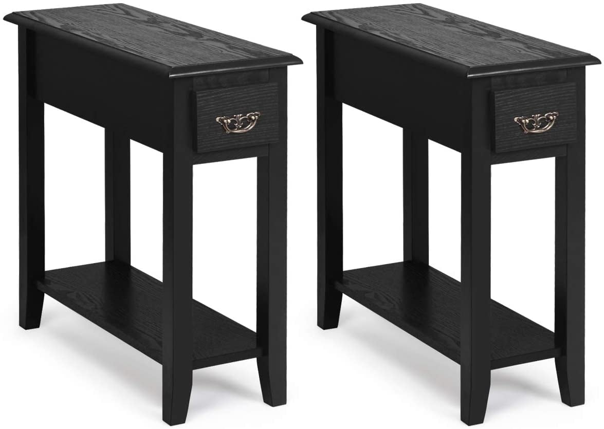 2 Pieces 2 Tier Sofa Side End Table with Drawer and Open Shelf-Black-End & Side Tables-DECOROLALA