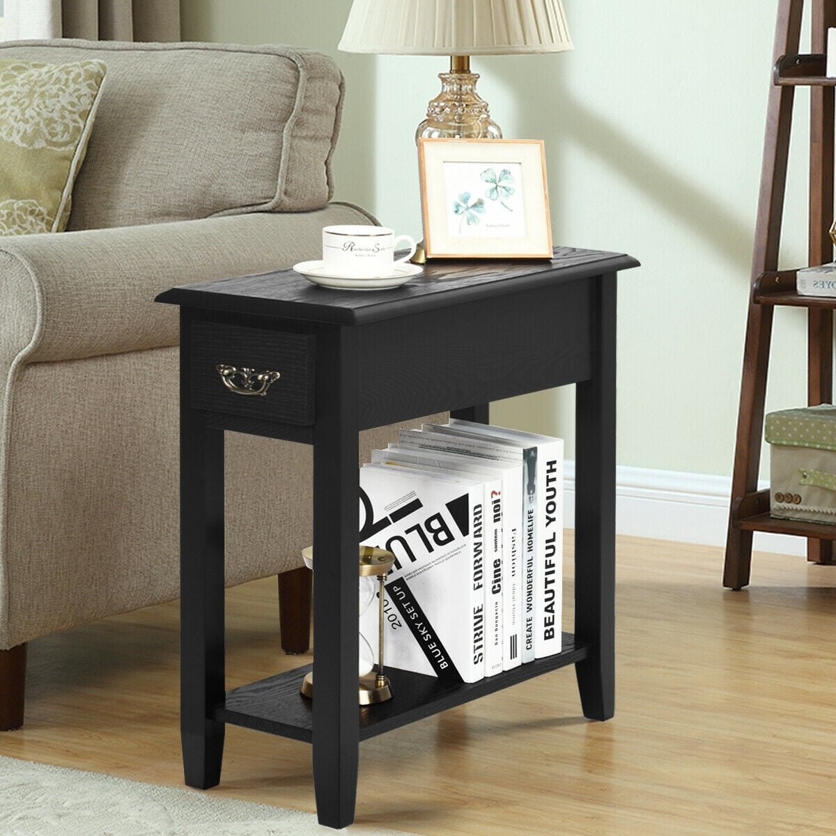 2 Pieces 2 Tier Sofa Side End Table with Drawer and Open Shelf-Black-End & Side Tables-DECOROLALA