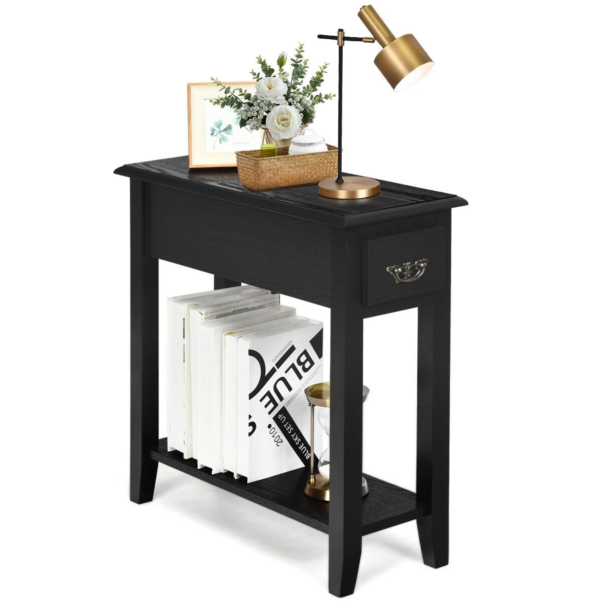 2 Pieces 2 Tier Sofa Side End Table with Drawer and Open Shelf-Black-End & Side Tables-DECOROLALA