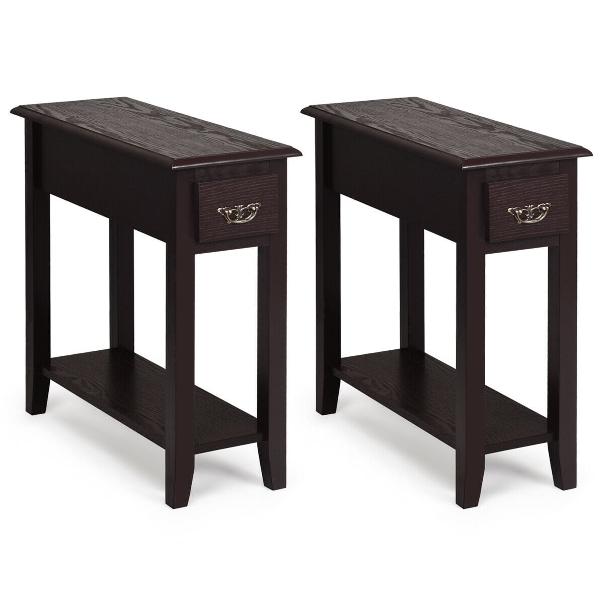 2 Pieces 2 Tier Sofa Side End Table with Drawer and Open Shelf-Dark Brown-End & Side Tables-DECOROLALA
