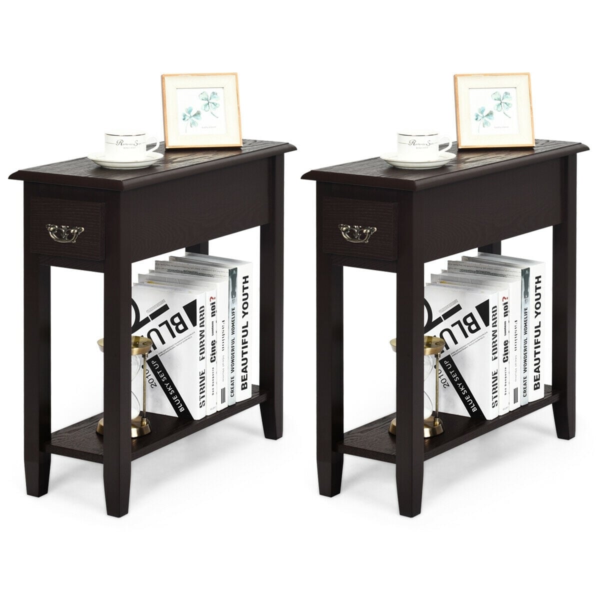 2 Pieces 2 Tier Sofa Side End Table with Drawer and Open Shelf-Dark Brown-End & Side Tables-DECOROLALA
