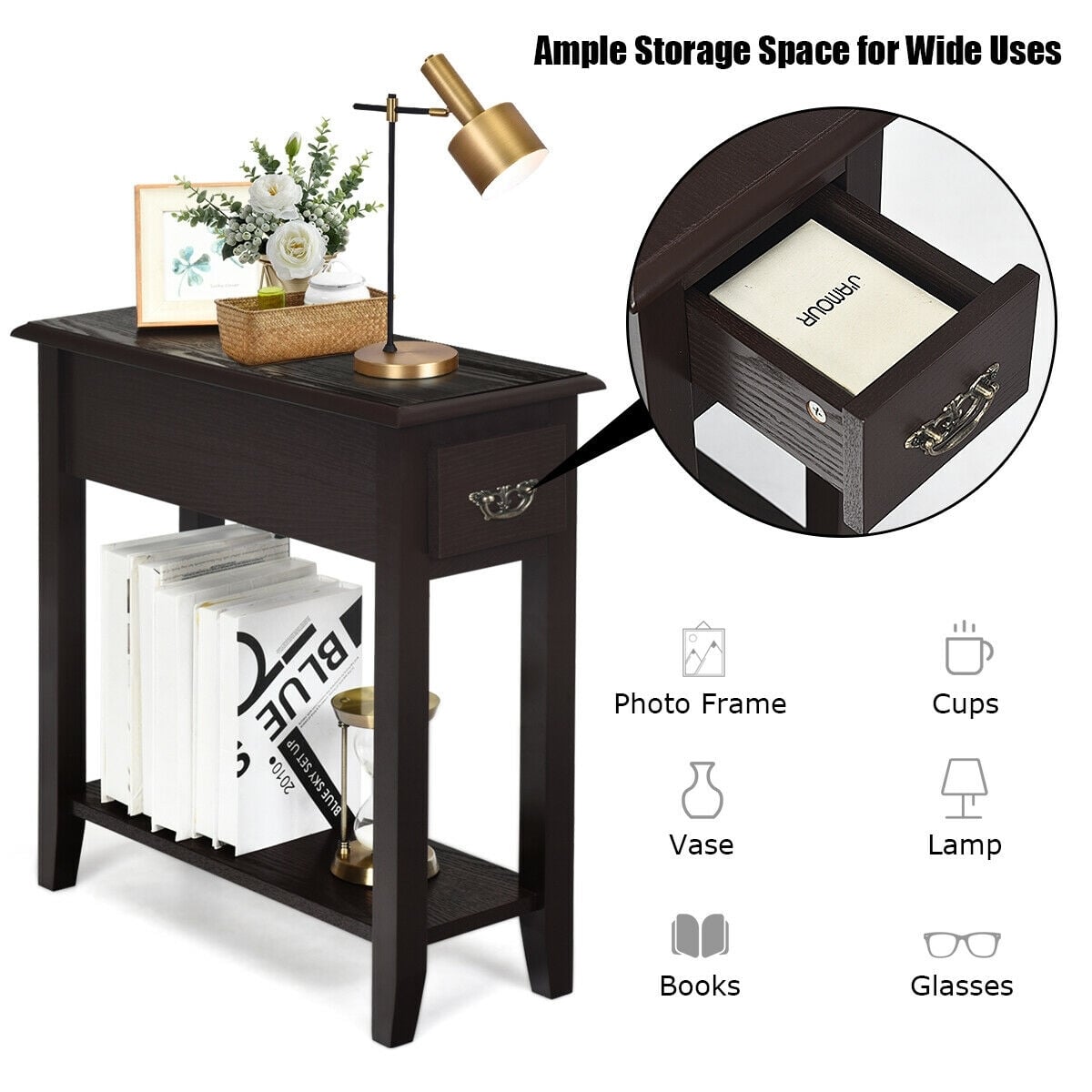 2 Pieces 2 Tier Sofa Side End Table with Drawer and Open Shelf-Dark Brown-End & Side Tables-DECOROLALA
