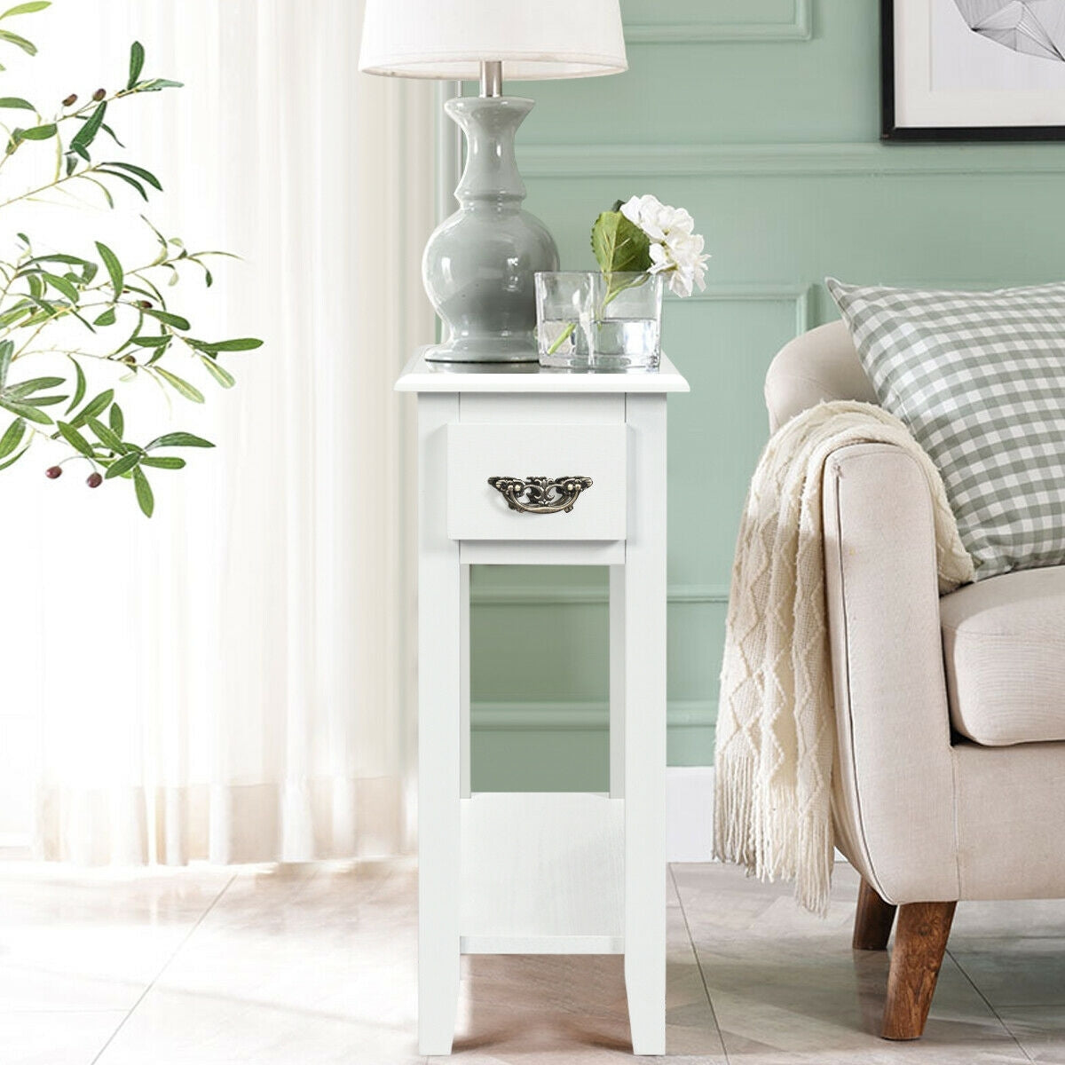 2 Pieces 2 Tier Sofa Side End Table with Drawer and Open Shelf-White-End & Side Tables-DECOROLALA