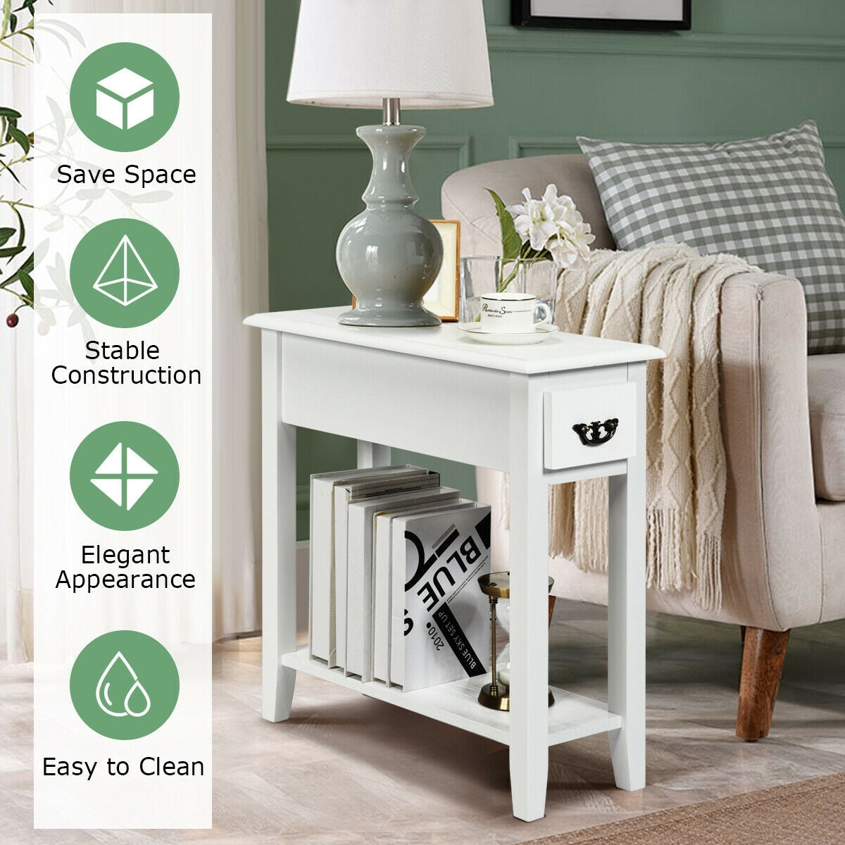 2 Pieces 2 Tier Sofa Side End Table with Drawer and Open Shelf-White-End & Side Tables-DECOROLALA