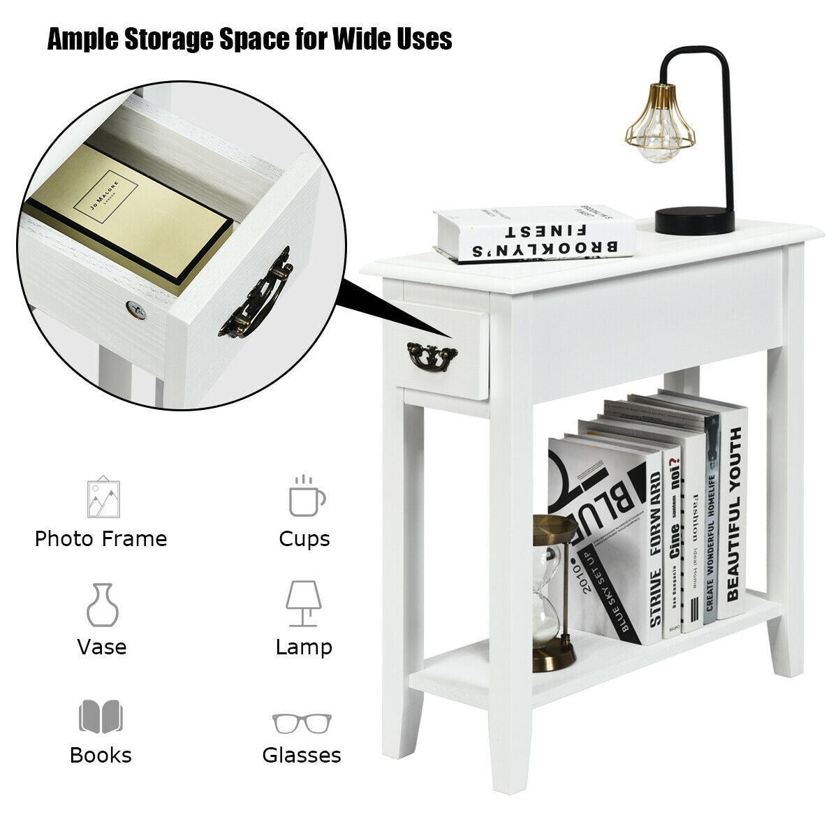 2 Pieces 2 Tier Sofa Side End Table with Drawer and Open Shelf-White-End & Side Tables-DECOROLALA