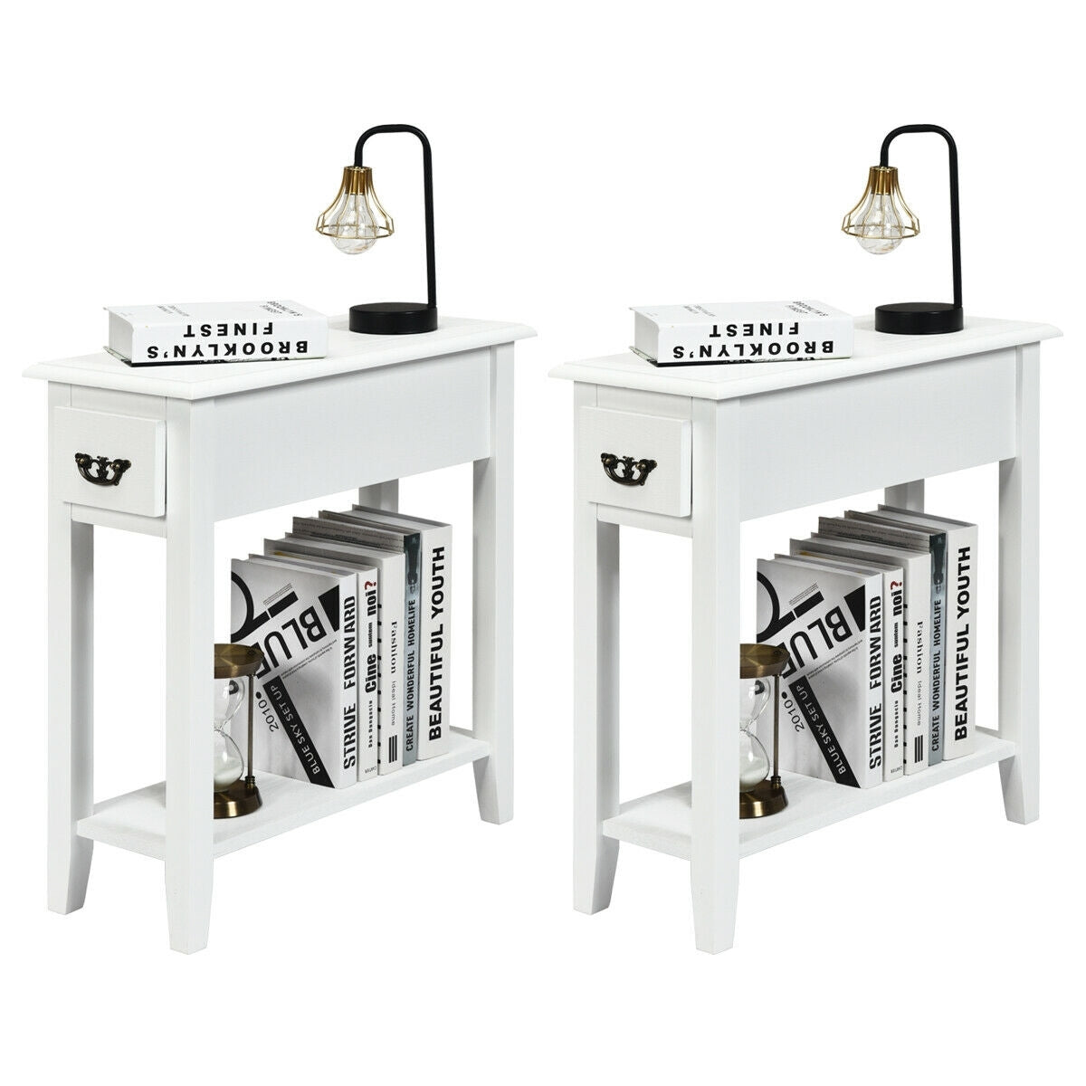 2 Pieces 2 Tier Sofa Side End Table with Drawer and Open Shelf-White-End & Side Tables-DECOROLALA