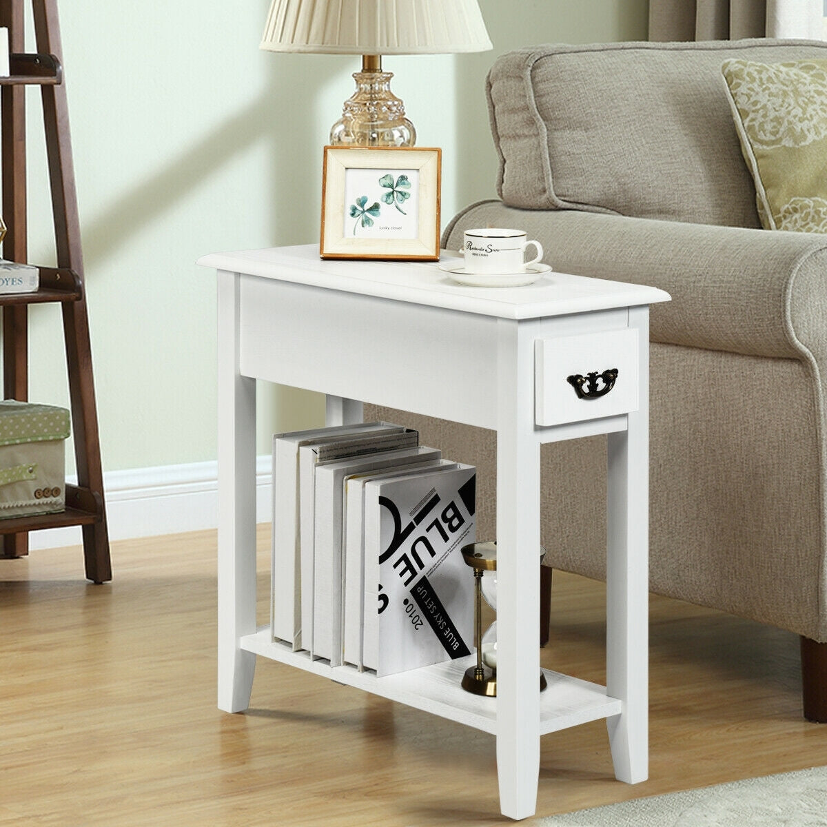 2 Pieces 2 Tier Sofa Side End Table with Drawer and Open Shelf-White-End & Side Tables-DECOROLALA