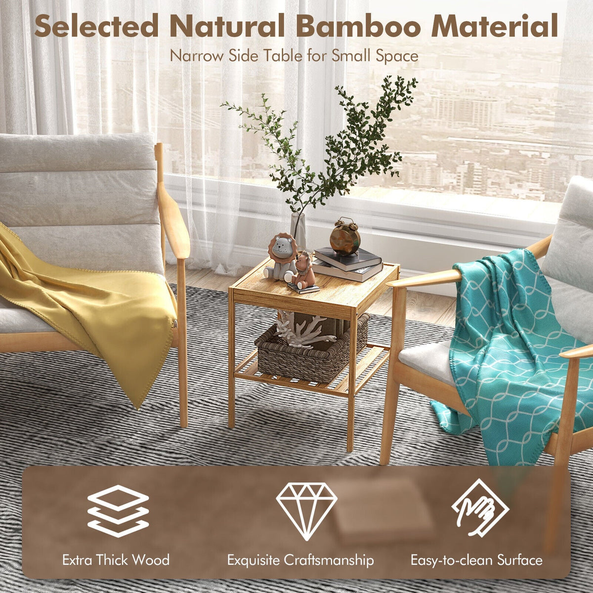2 Pieces 2 Tiers Bamboo Nightstand for Living Room Bedroom-Natural-Nightstands-DECOROLALA