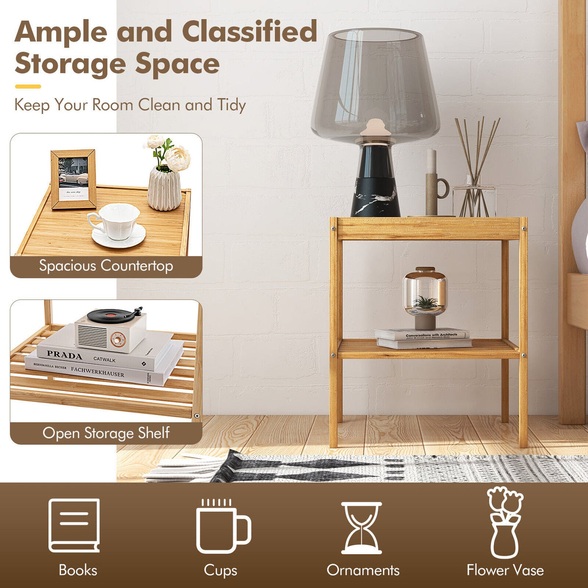 2 Pieces 2 Tiers Bamboo Nightstand for Living Room Bedroom-Natural-Nightstands-DECOROLALA