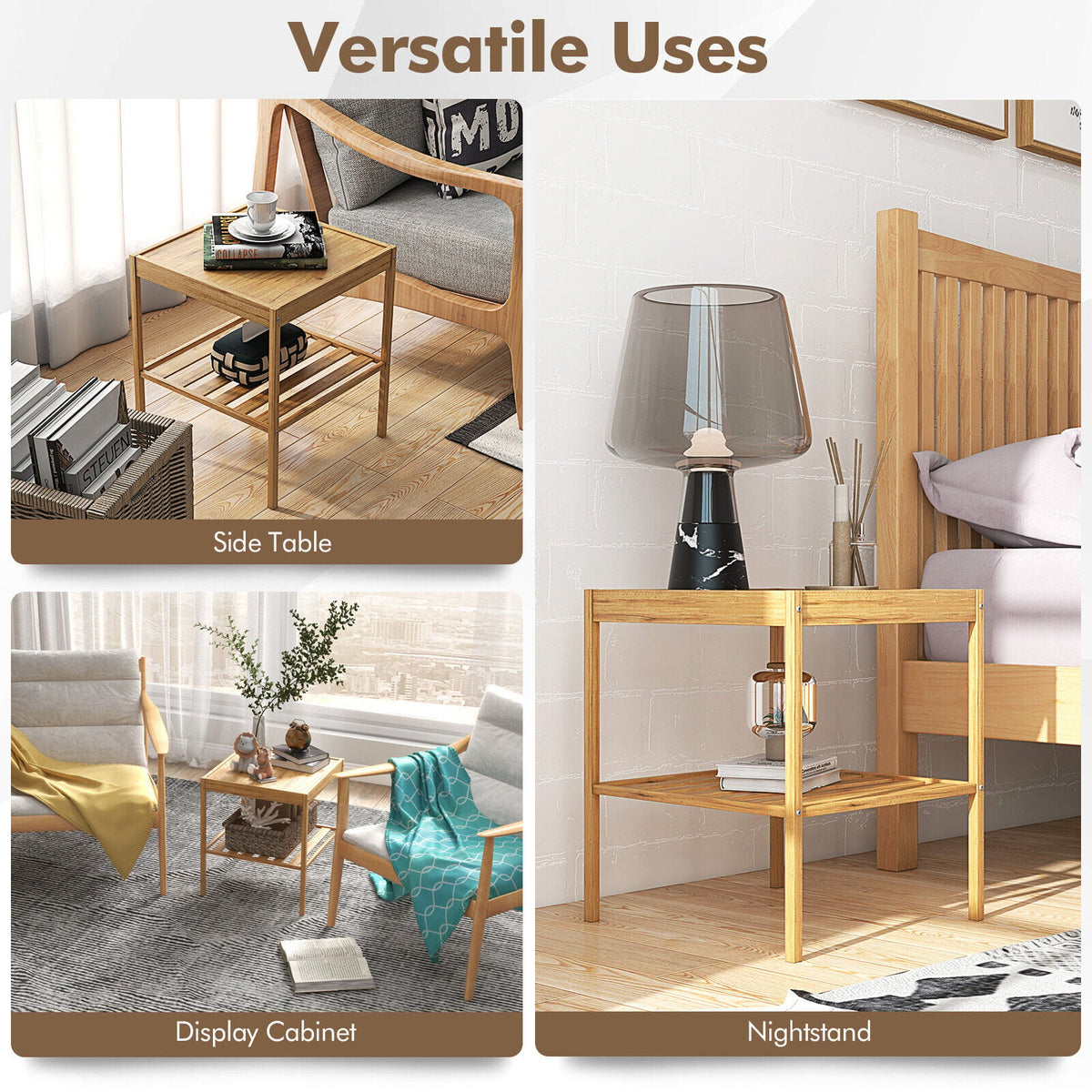 2 Pieces 2 Tiers Bamboo Nightstand for Living Room Bedroom-Natural-Nightstands-DECOROLALA