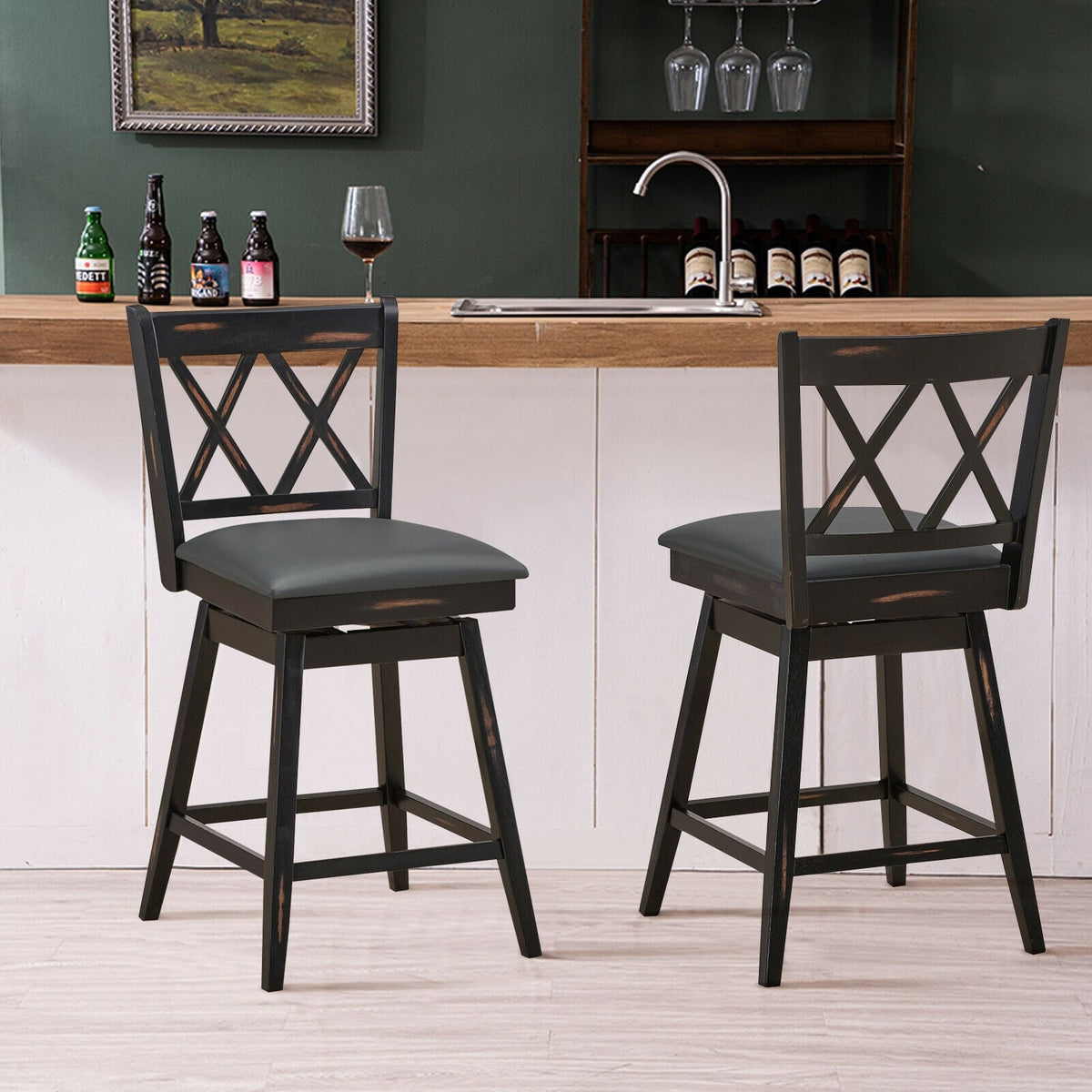 2 Pieces 24 Inch Swivel Counter Height Barstool Set with Rubber Wood Legs-Black-Bar Stools-DECOROLALA