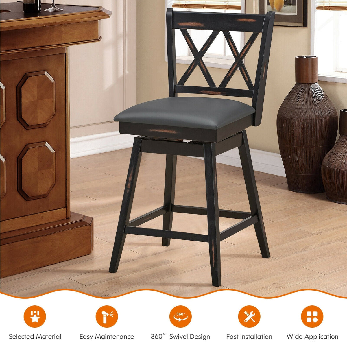 2 Pieces 24 Inch Swivel Counter Height Barstool Set with Rubber Wood Legs-Black-Bar Stools-DECOROLALA