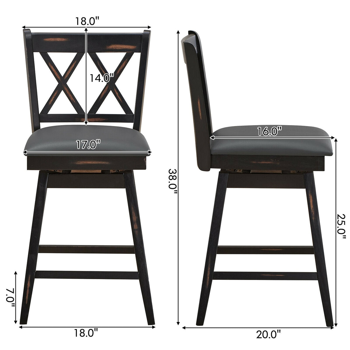 2 Pieces 24 Inch Swivel Counter Height Barstool Set with Rubber Wood Legs-Black-Bar Stools-DECOROLALA