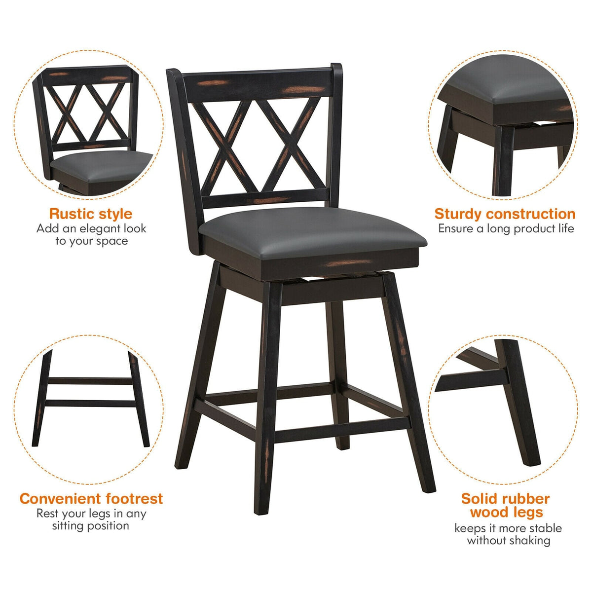 2 Pieces 24 Inch Swivel Counter Height Barstool Set with Rubber Wood Legs-Black-Bar Stools-DECOROLALA