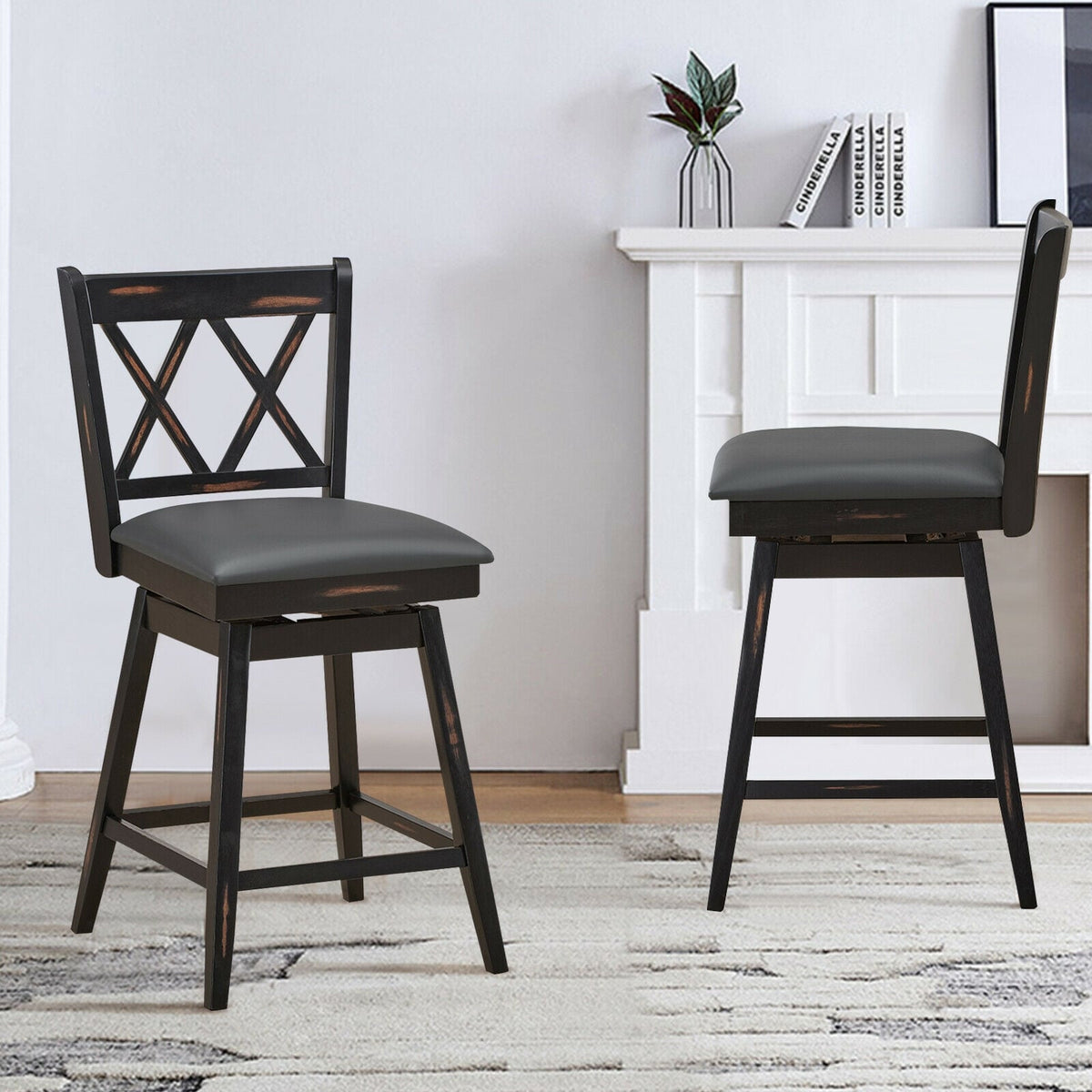 2 Pieces 24 Inch Swivel Counter Height Barstool Set with Rubber Wood Legs-Black-Bar Stools-DECOROLALA