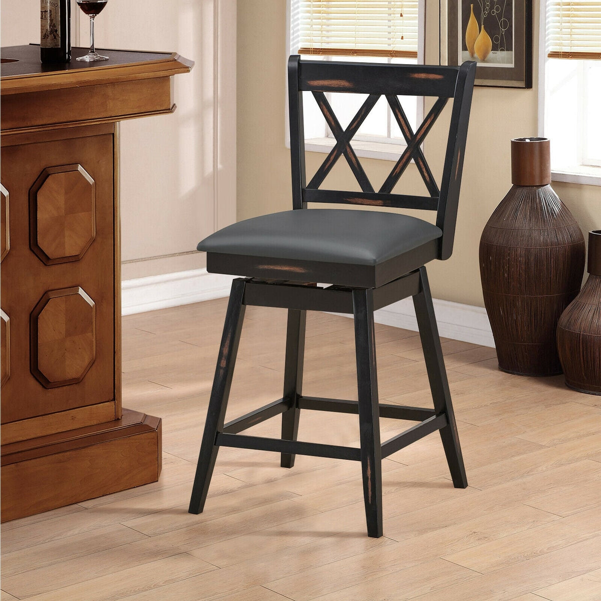 2 Pieces 24 Inch Swivel Counter Height Barstool Set with Rubber Wood Legs-Black-Bar Stools-DECOROLALA