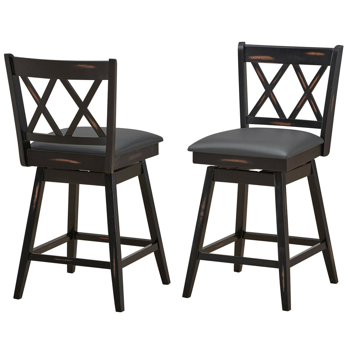 2 Pieces 24 Inch Swivel Counter Height Barstool Set with Rubber Wood Legs-Black-Bar Stools-DECOROLALA