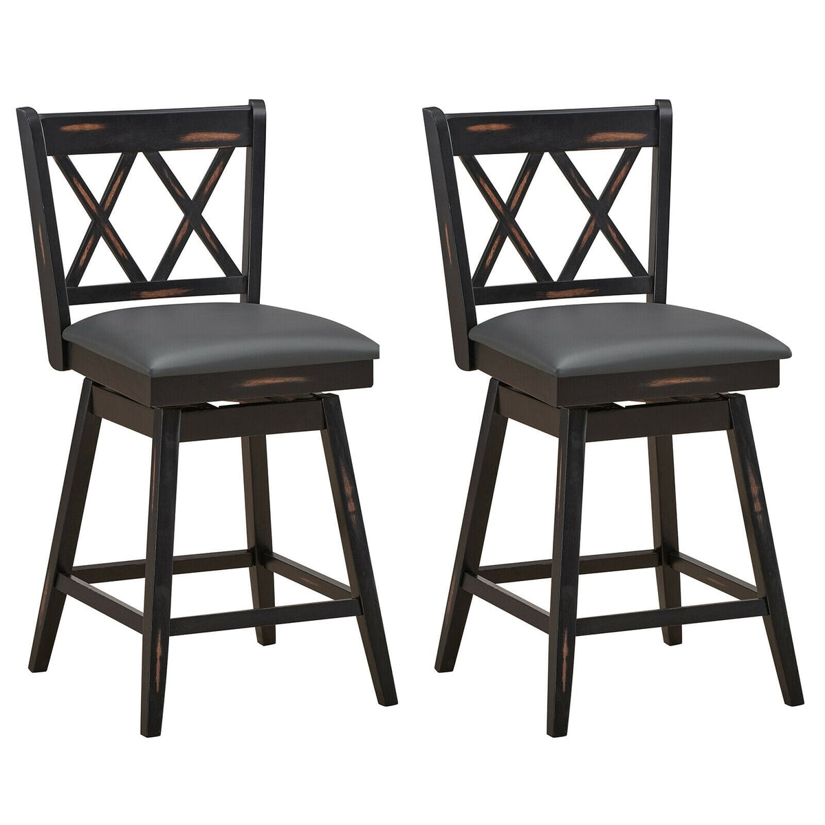 2 Pieces 24 Inch Swivel Counter Height Barstool Set with Rubber Wood Legs-Black-Bar Stools-DECOROLALA
