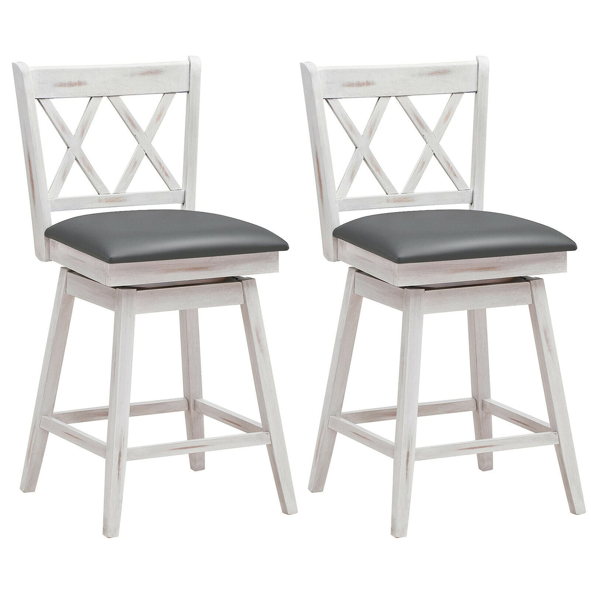 2 Pieces 24 Inch Swivel Counter Height Barstool Set with Rubber Wood Legs-White-Bar Stools-DECOROLALA