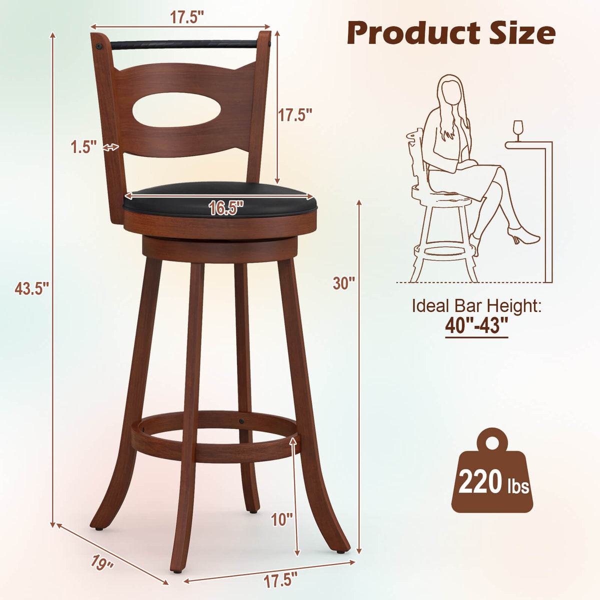 2 Pieces 24/29 inch Swivel Bar Stools with Curved Backrest and Seat Cushions-29 inches-Bar Stools-DECOROLALA