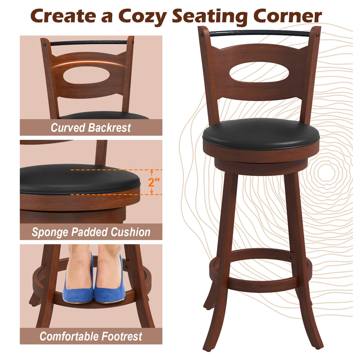 2 Pieces 24/29 inch Swivel Bar Stools with Curved Backrest and Seat Cushions-29 inches-Bar Stools-DECOROLALA