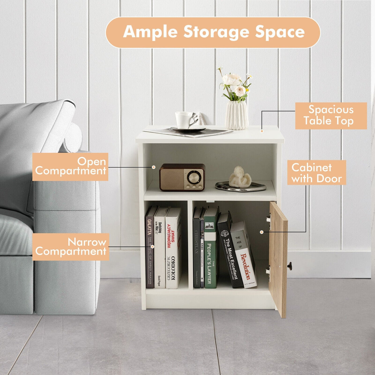 2 Pieces 25 Inch Tall Nightstands with Door and 2 Open Shelves-White-Nightstands-DECOROLALA