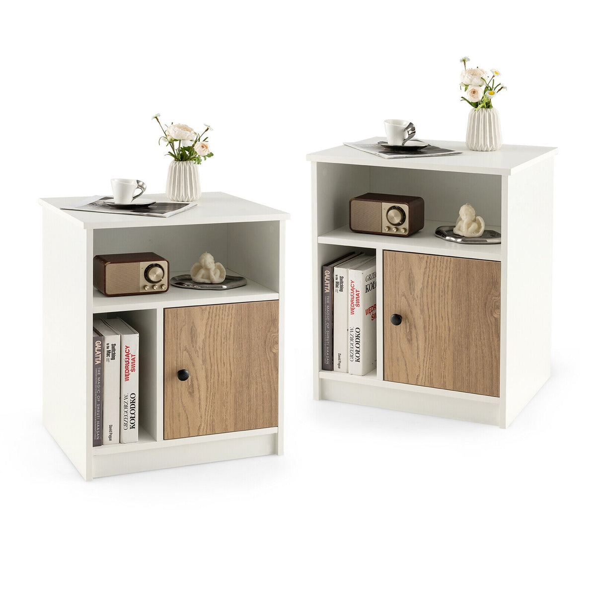 2 Pieces 25 Inch Tall Nightstands with Door and 2 Open Shelves-White-Nightstands-DECOROLALA