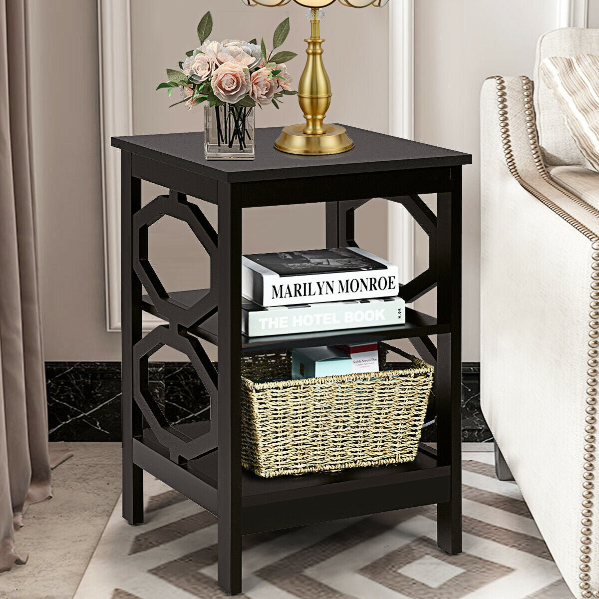 2 Pieces 3-tier Nightstand Sofa Side End Accent Table Storage Display Shelf-Black-End & Side Tables-DECOROLALA