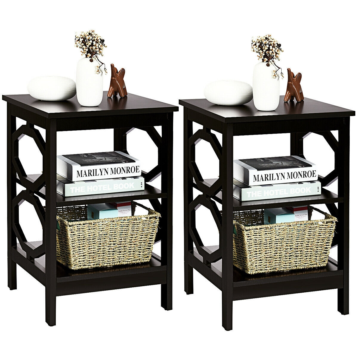 2 Pieces 3-tier Nightstand Sofa Side End Accent Table Storage Display Shelf-Black-End & Side Tables-DECOROLALA