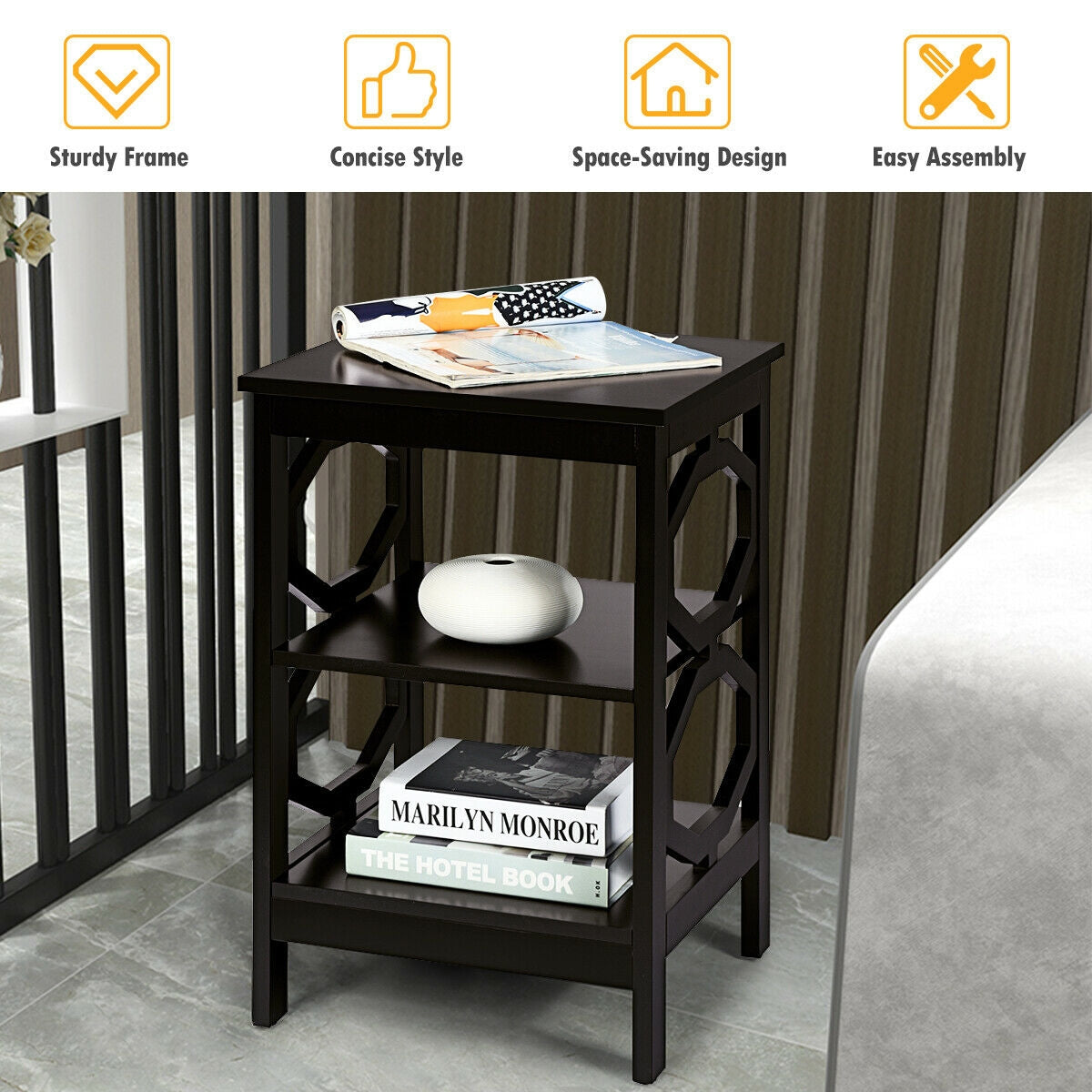 2 Pieces 3-tier Nightstand Sofa Side End Accent Table Storage Display Shelf-Black-End & Side Tables-DECOROLALA