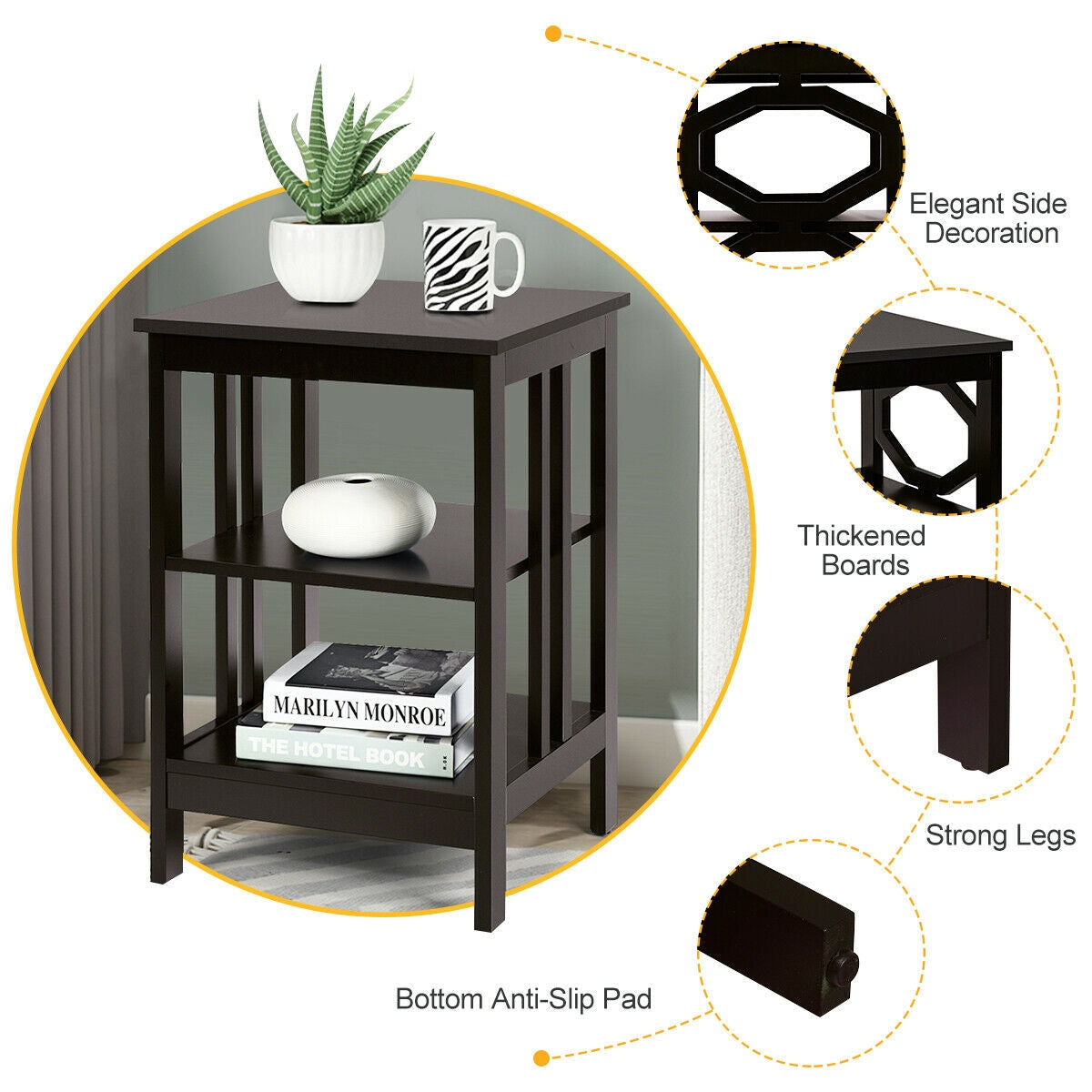 2 Pieces 3-tier Nightstand Sofa Side End Accent Table Storage Display Shelf-Black-End & Side Tables-DECOROLALA