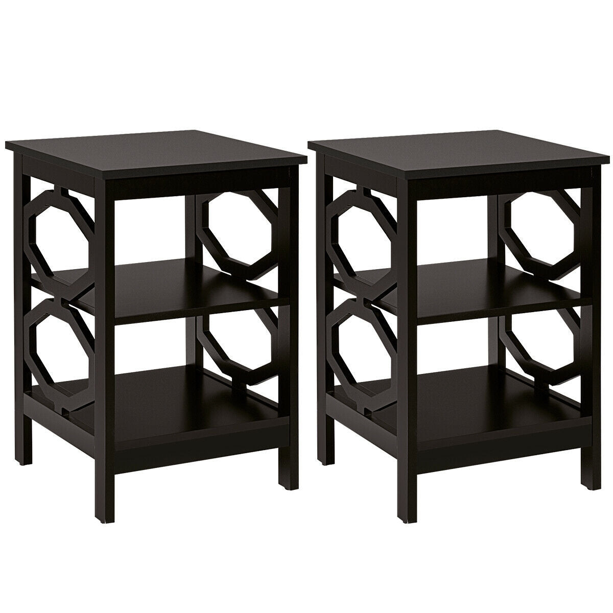 2 Pieces 3-tier Nightstand Sofa Side End Accent Table Storage Display Shelf-Black-End & Side Tables-DECOROLALA
