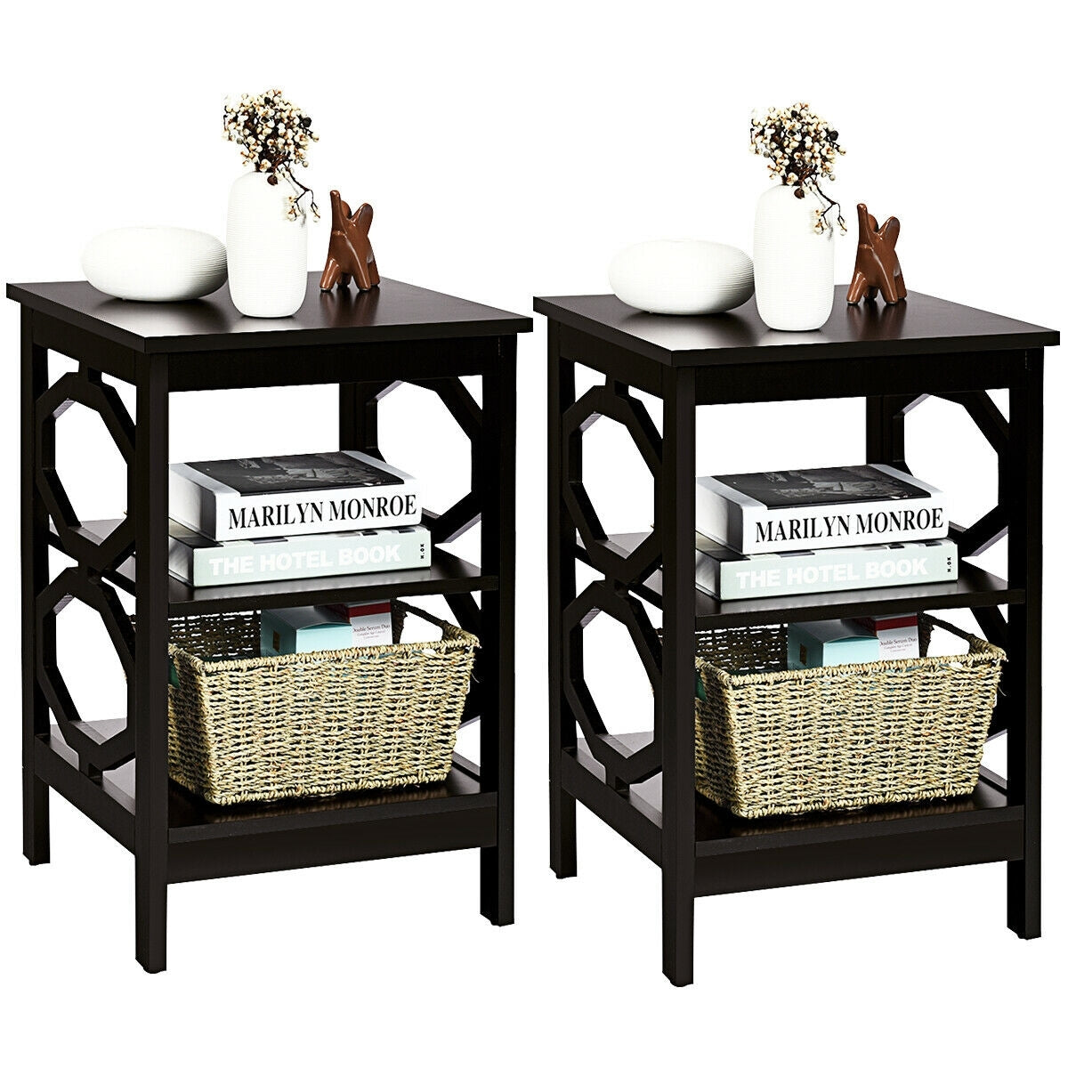 2 Pieces 3-tier Nightstand Sofa Side End Accent Table Storage Display Shelf-Espresso-End & Side Tables-DECOROLALA