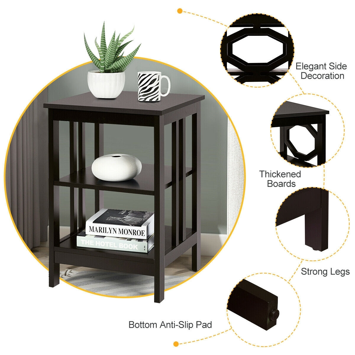 2 Pieces 3-tier Nightstand Sofa Side End Accent Table Storage Display Shelf-Espresso-End & Side Tables-DECOROLALA