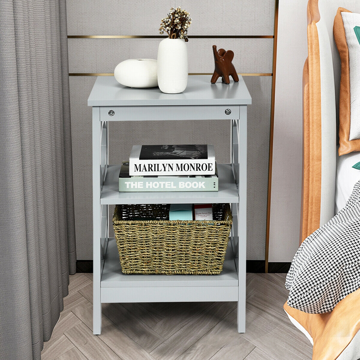 2 Pieces 3-tier Nightstand Sofa Side End Accent Table Storage Display Shelf-Gray-End & Side Tables-DECOROLALA