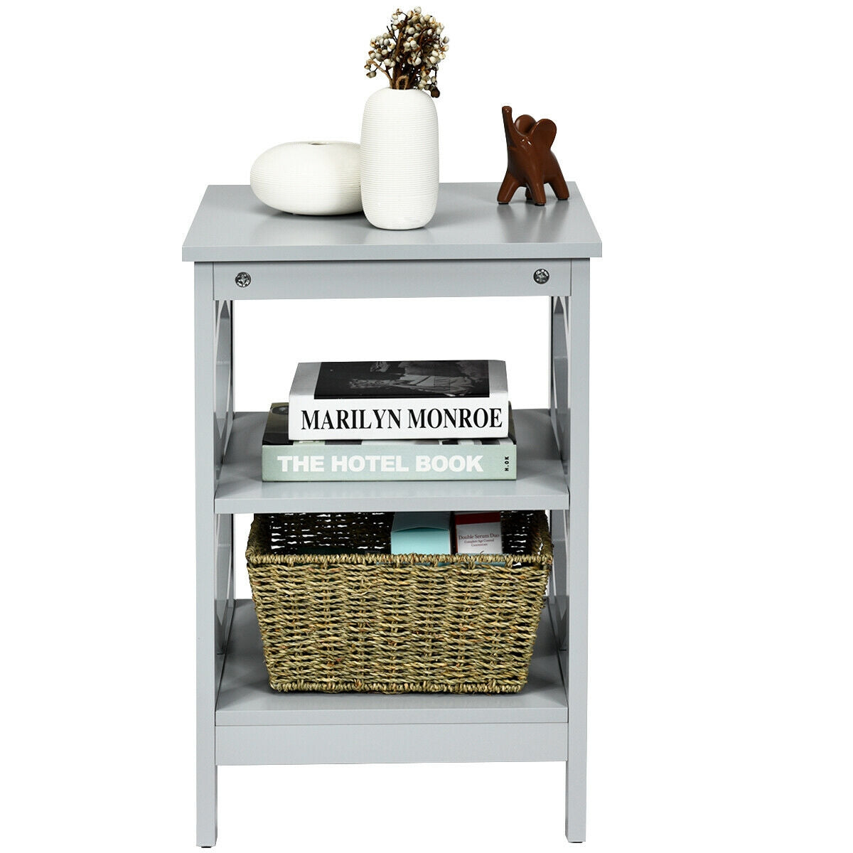 2 Pieces 3-tier Nightstand Sofa Side End Accent Table Storage Display Shelf-Gray-End & Side Tables-DECOROLALA