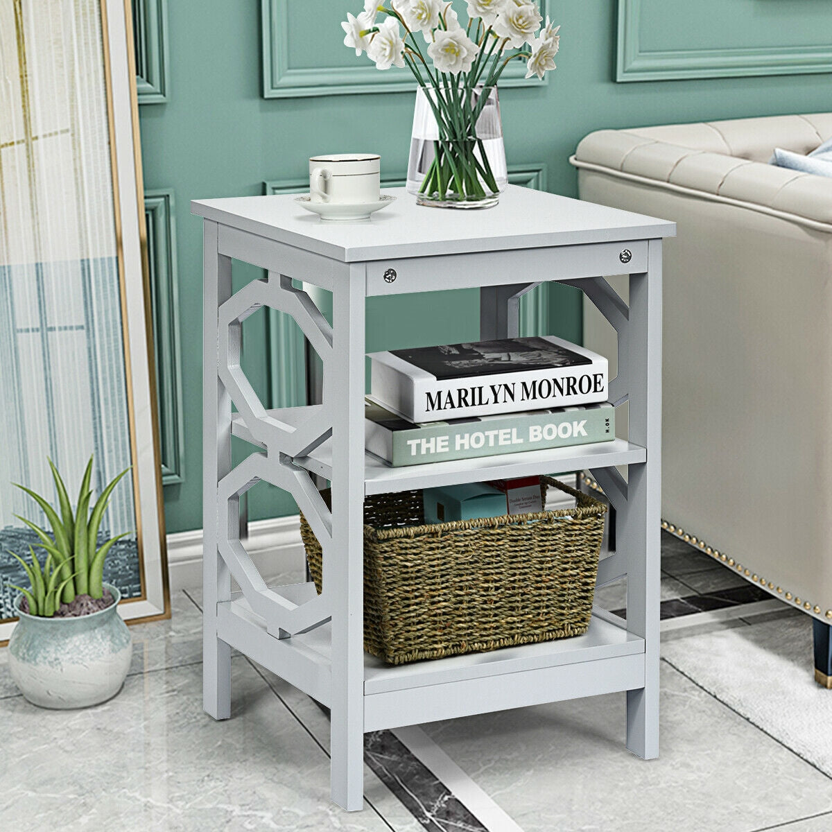 2 Pieces 3-tier Nightstand Sofa Side End Accent Table Storage Display Shelf-Gray-End & Side Tables-DECOROLALA