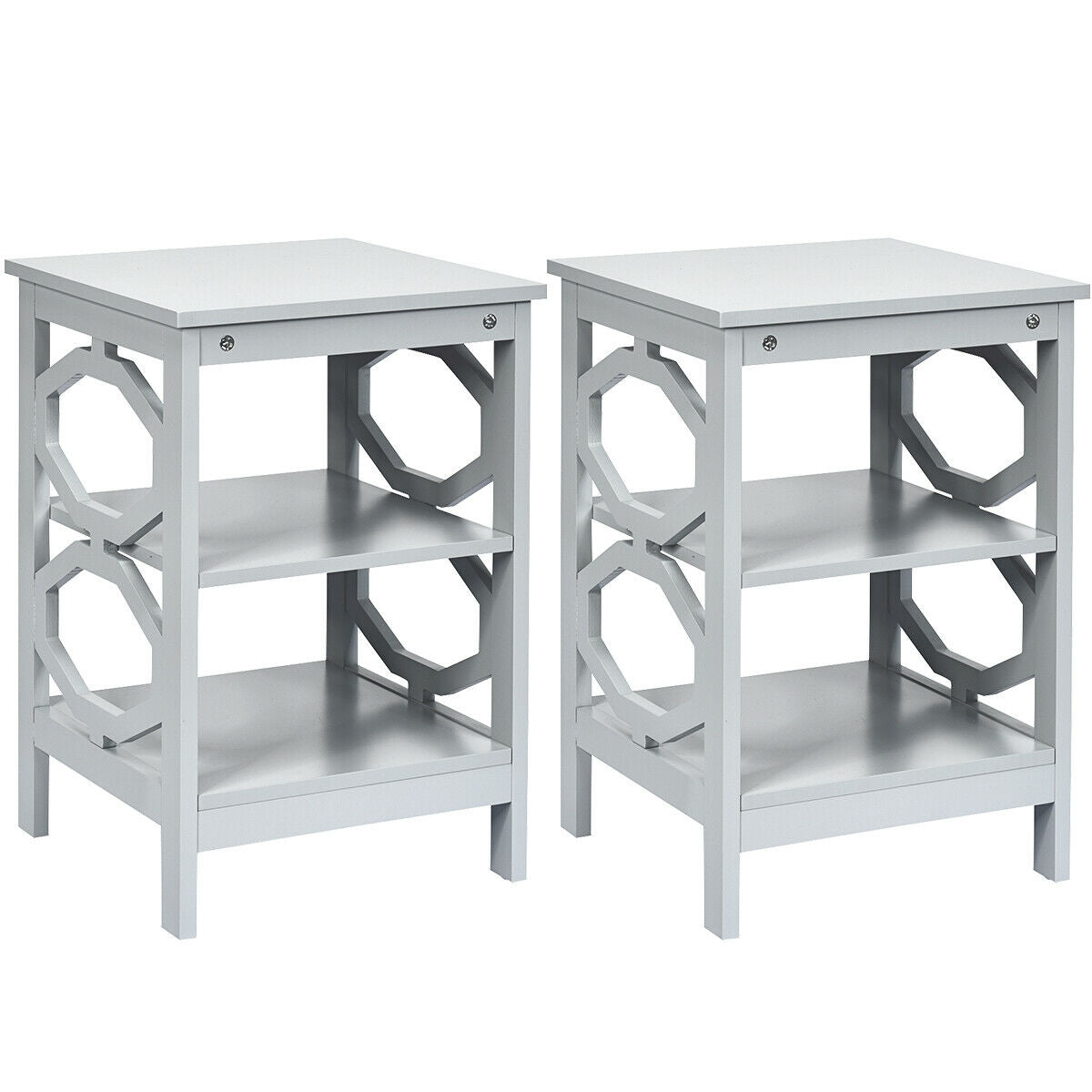 2 Pieces 3-tier Nightstand Sofa Side End Accent Table Storage Display Shelf-Gray-End & Side Tables-DECOROLALA