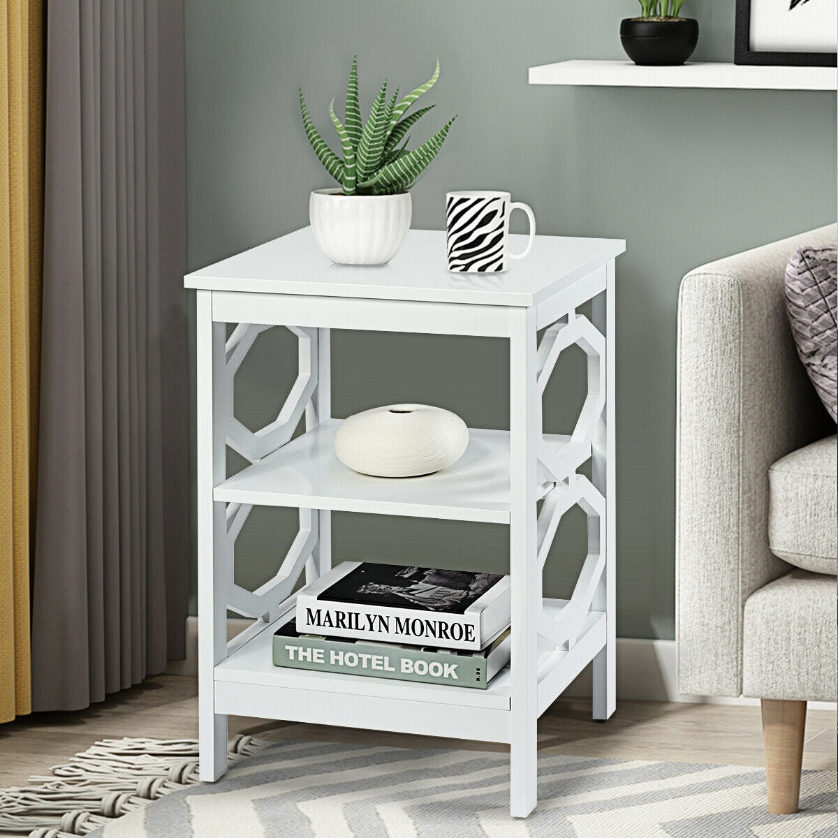 2 Pieces 3-tier Nightstand Sofa Side End Accent Table Storage Display Shelf-White-End & Side Tables-DECOROLALA