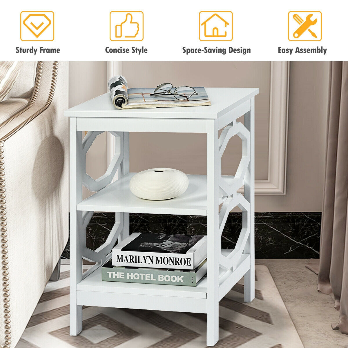 2 Pieces 3-tier Nightstand Sofa Side End Accent Table Storage Display Shelf-White-End & Side Tables-DECOROLALA