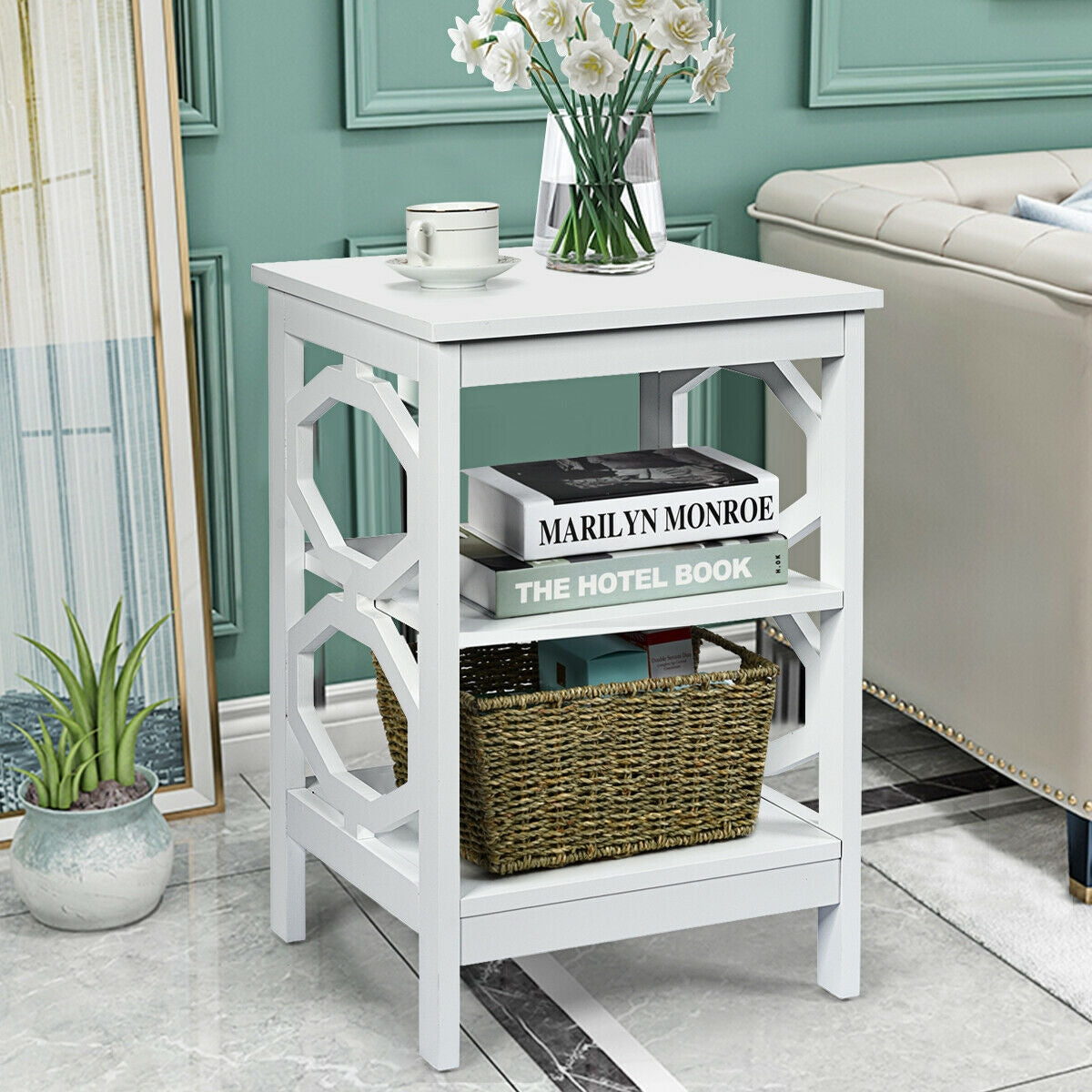 2 Pieces 3-tier Nightstand Sofa Side End Accent Table Storage Display Shelf-White-End & Side Tables-DECOROLALA
