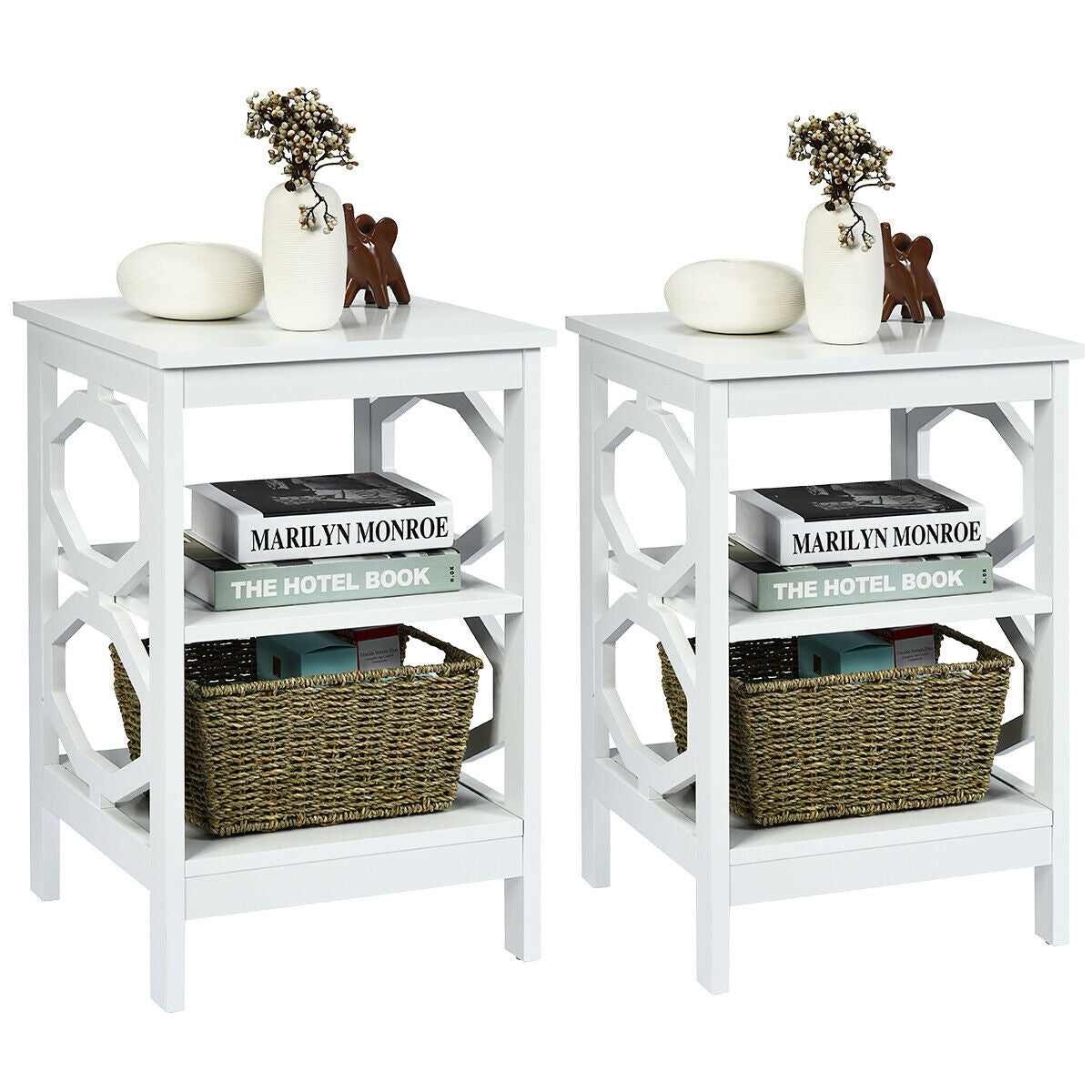 2 Pieces 3-tier Nightstand Sofa Side End Accent Table Storage Display Shelf-White-End & Side Tables-DECOROLALA