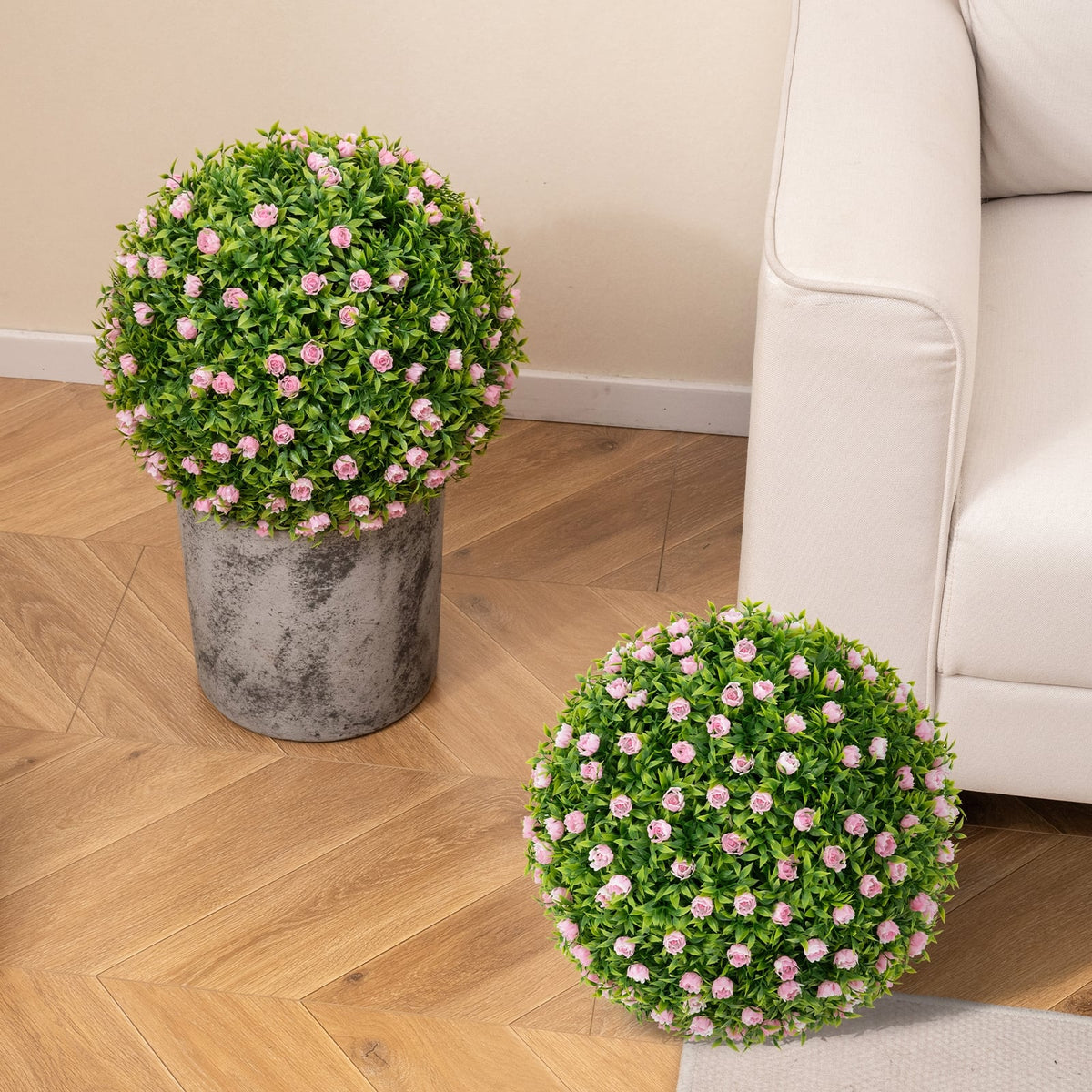 2 Pieces Artificial Plant Topiary Balls 17.5 Inch Faux Decorative Balls with Pink Flowers-Artificial Plants-DECOROLALA