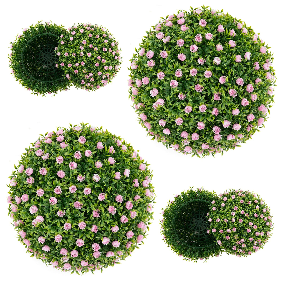 2 Pieces Artificial Plant Topiary Balls 17.5 Inch Faux Decorative Balls with Pink Flowers-Artificial Plants-DECOROLALA